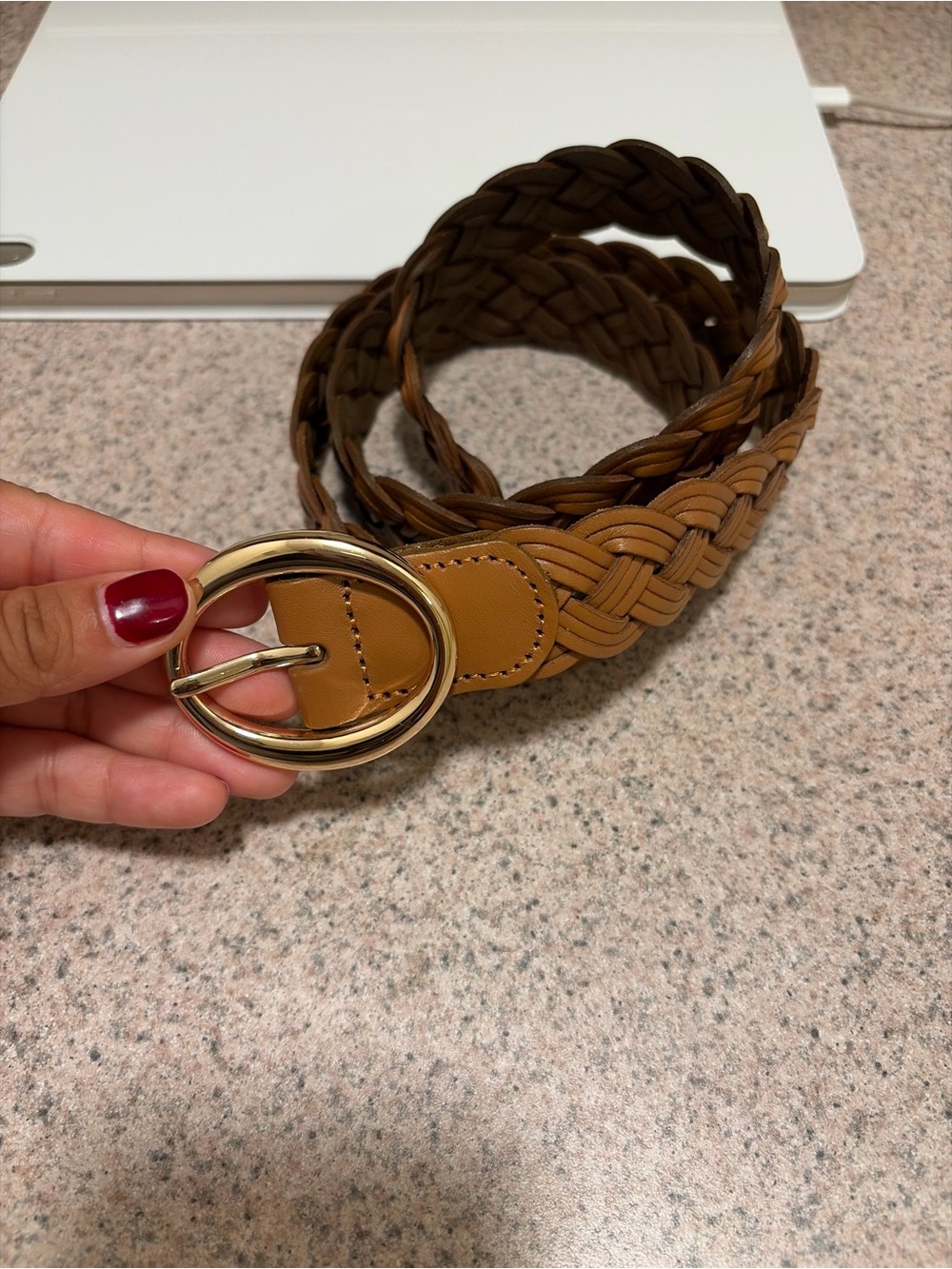 J. Crew Braided Tan Leather-Style Belt with Gold Oval Buckle